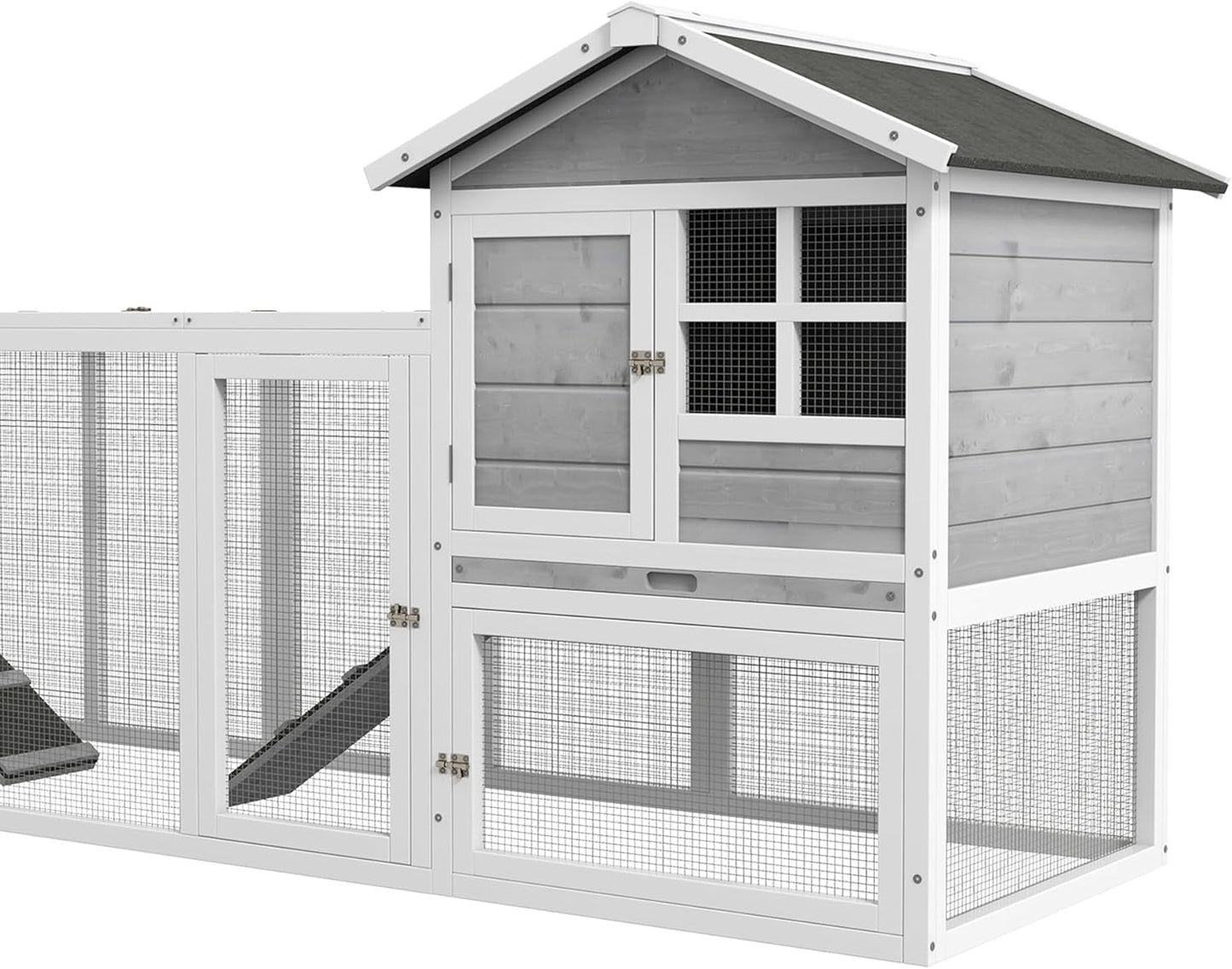 PawHut rabbit hutch combination rabbit hutch XXL hutch for guinea pigs with freewheel driveway two floors for 2-4 rabbits pine wood asphalt 260 x 64 x 92 cm - QUORE