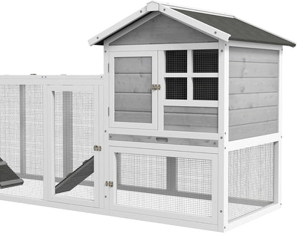 PawHut rabbit hutch combination rabbit hutch XXL hutch for guinea pigs with freewheel driveway two floors for 2-4 rabbits pine wood asphalt 260 x 64 x 92 cm - QUORE
