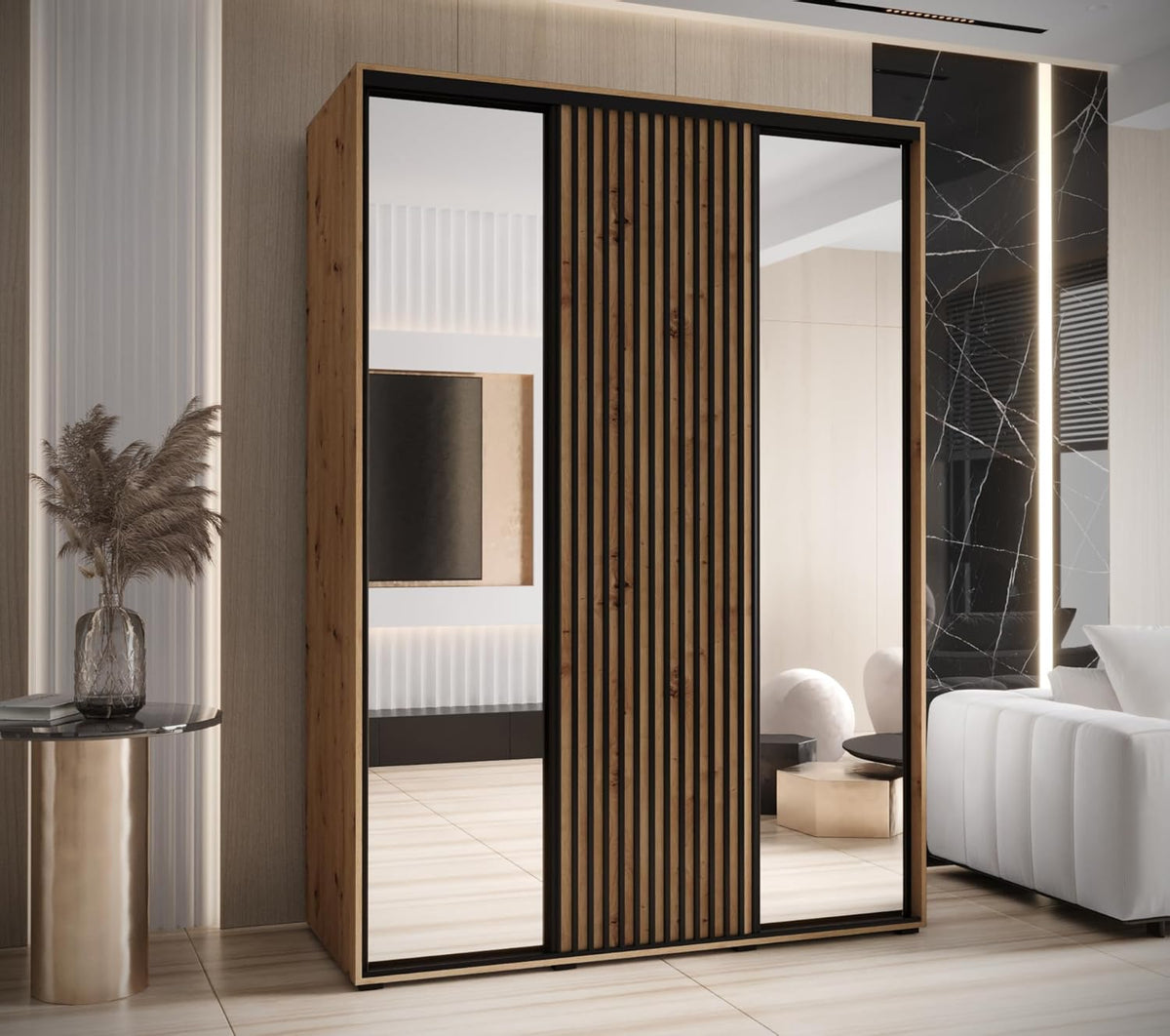 MEBLE KRYSPOL Lanko 2 Wardrobe with Three Sliding Doors with Mirror, Rod, Shelves - Modern Storage Cabinet for Bedroom, Living Room - 235x180x60cm - Craft Black - QUORE