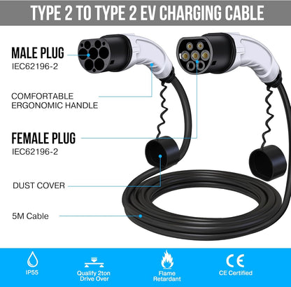 Type 2 EV-oplaadkabel met opbergtas, type 2 naar type 2 EV-laadkabel, 5 m, 7 kW, 32 A, 1-fase, snellader type 2 EV-oplader voor Tesla en elektrische voertuigen, auto's, thuis en in het openbaar