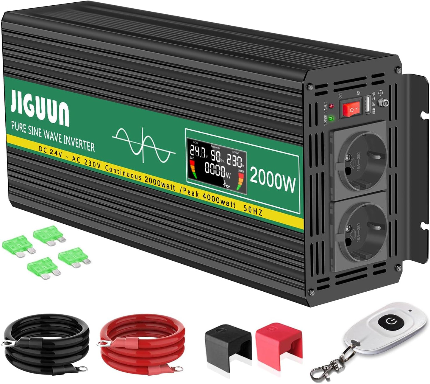 JIGUUN 2000W/4000W omvormer 24v naar 230v zuivere sinus Converter power inverter met draadloze afstandsbediening LCD-scherm 2 EU & 1 USB-poort voor auto, camping, reizen,noodgeval