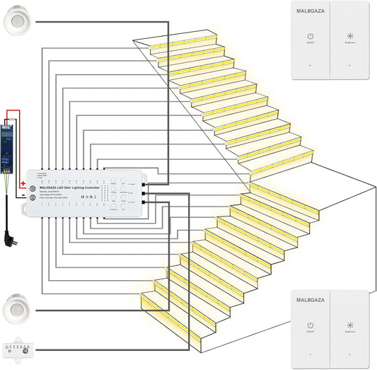 Intelligente led-trapverlichting, 20 niveaus, koudwit, 6000 K, automatische Smart Stair Lighting met PIR-bewegingssensor, lichtsensor en draadloze bediening, complete set voor binnen