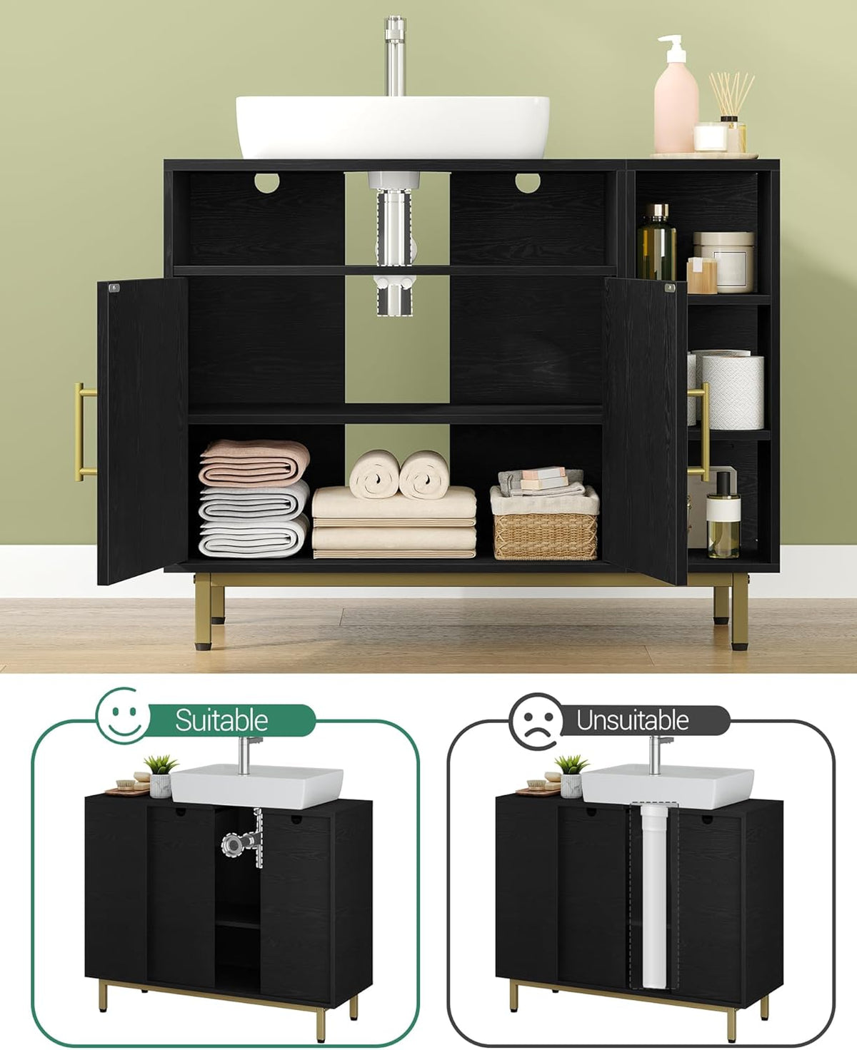 Hzuaneri Washbasin cabinet, bathroom cabinet, 1 drawer, 2 cabinet doors, open compartment with 3 levels, adjustable shelf, black with wood grain, 30 x 80 x 64 cm BC28804G