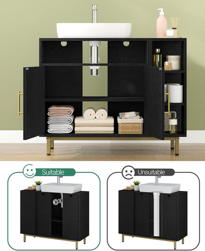 Hzuaneri Washbasin cabinet, bathroom cabinet, 1 drawer, 2 cabinet doors, open compartment with 3 levels, adjustable shelf, black with wood grain, 30 x 80 x 64 cm BC28804G