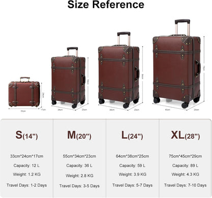 Urecity Vintage reiskofferset, 4-delig, licht, retro, lederen koffer, harde schaal, trolley, handbagage, sets met TSA-slot en 8 wielen (S-M-L-XL), KaRAMELL BRUIN, S(14")+M(20")