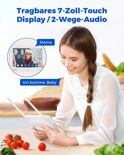 CAMCAMP 4MP draadloze bewakingscamera op zonne-energie, voor buiten, wifi, draagbaar, 7 inch scherm met accu, 4 x 2K camera, 360 graden PTZ, nachtzicht, 2-weg gesprek, bewegingsdetectie, 64 GB kaart,