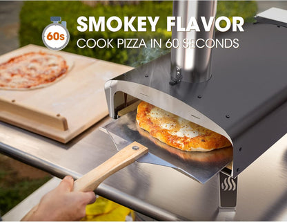 Mimiuo buitenoven op hout en pellets voor in de tuin, klassieke W-oven met zwarte coating, met pizzasteen en opvouwbare pizzaschil.