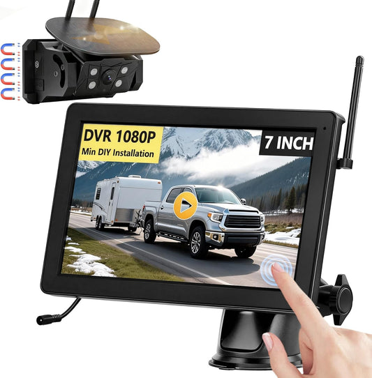 Draadloze achteruitrijcamera op zonne-energie, magnetische achteruitrijcamera draadloos VASTEND 7'' 1080P touchscreen IPS-monitor, 9600mAh accu, 1 minuut installatie, IP69 waterdicht