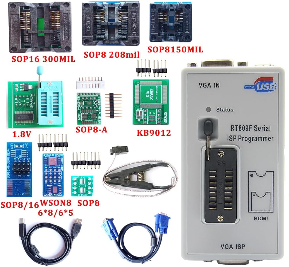 RT809F Programmer 8 Adapters Moederbord Reader sop8 IC socket flash programmer clip eprom klem VGA ICSP LCD PCB Board 24 25 93 serie