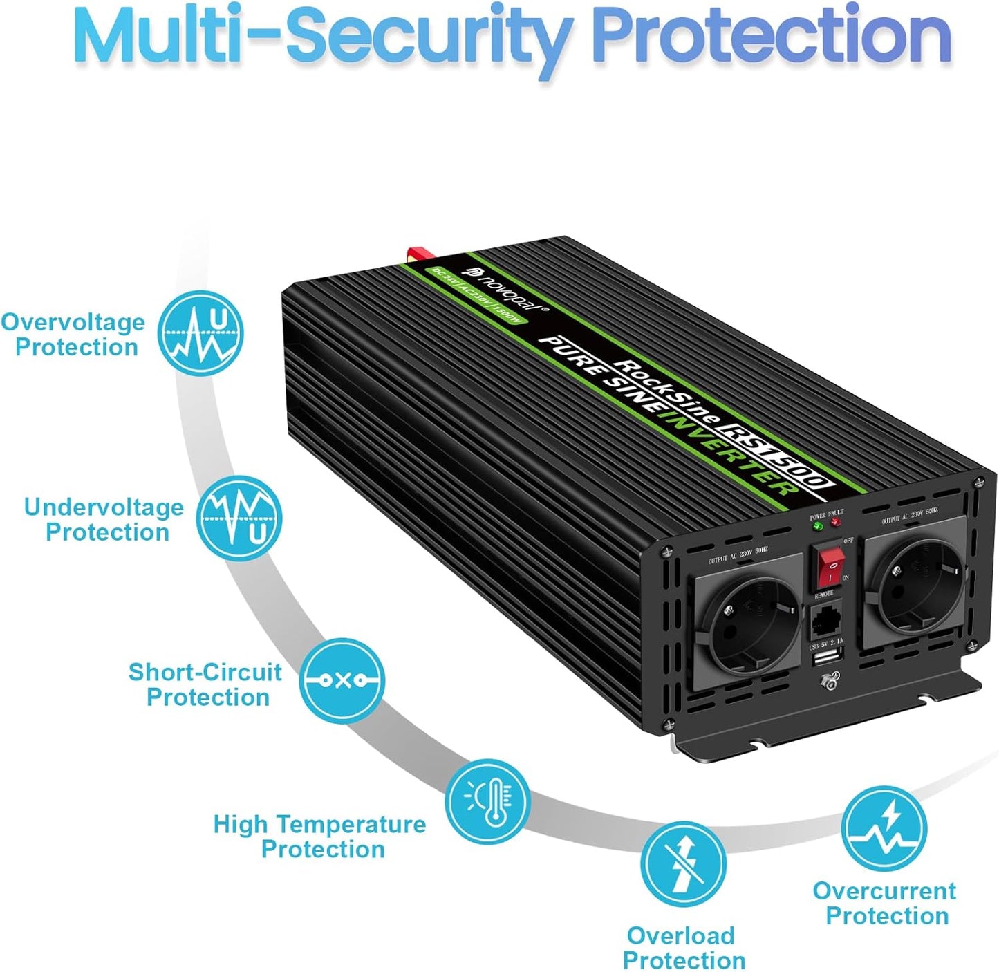 novopal Power omvormer zuivere as 1500 W zuivere sinus DC 24 V in AC 220 V 230 V spanningsomvormer - 2 EU stopcontact met USB-uitgang 5 meter afstandsbediening - piek: 3000 W