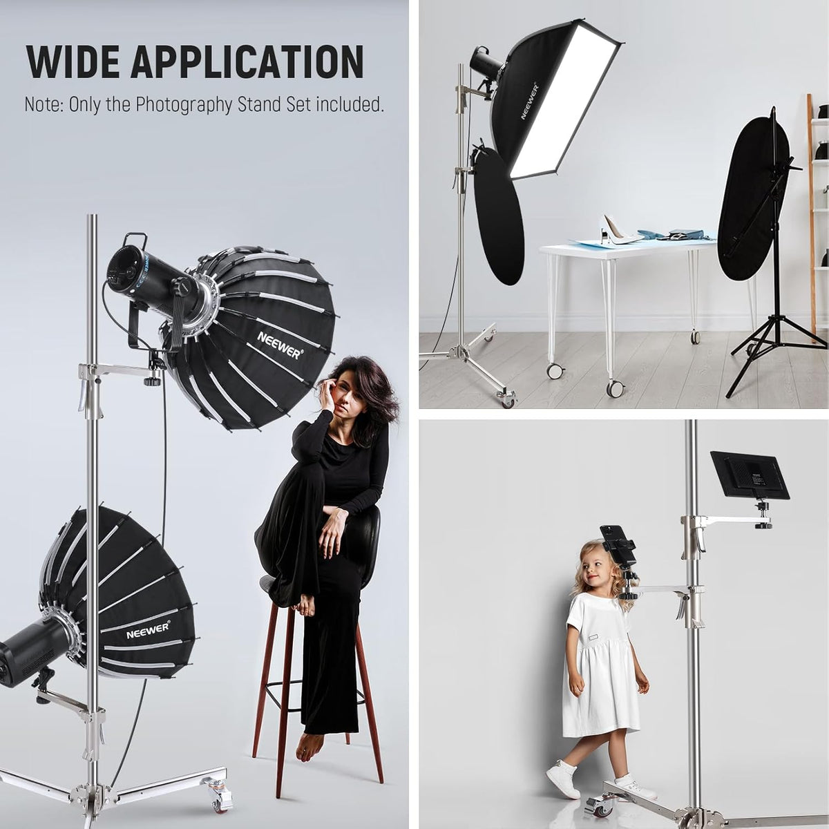 NEEWER 198 cm roestvrijstalen lichtstandaard, zware statiefstandaard met zwenkwielen, 2 glijarmen met pistoolgreep, opvouwbare poot voor fotografie, softbox monolight, max. belasting 16 kg, ST198SS