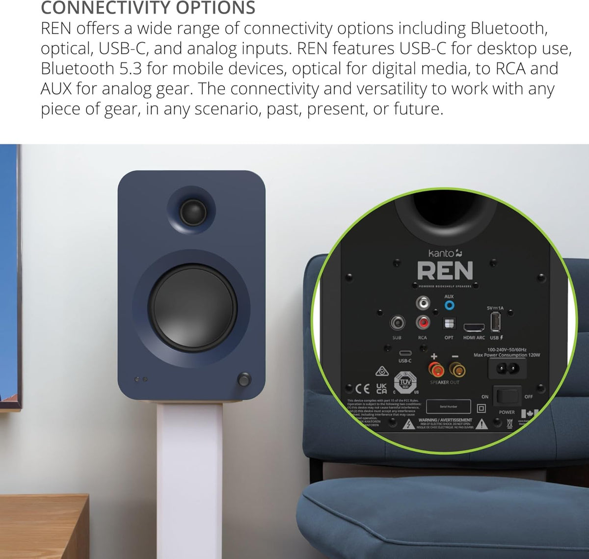 Kanto REN 200W Powered Speaker System with HDMI ARC Input for TV & Home Theater | USB-C and Bluetooth 5.3 | High/Low Pass Filter | Pair | Matte Black