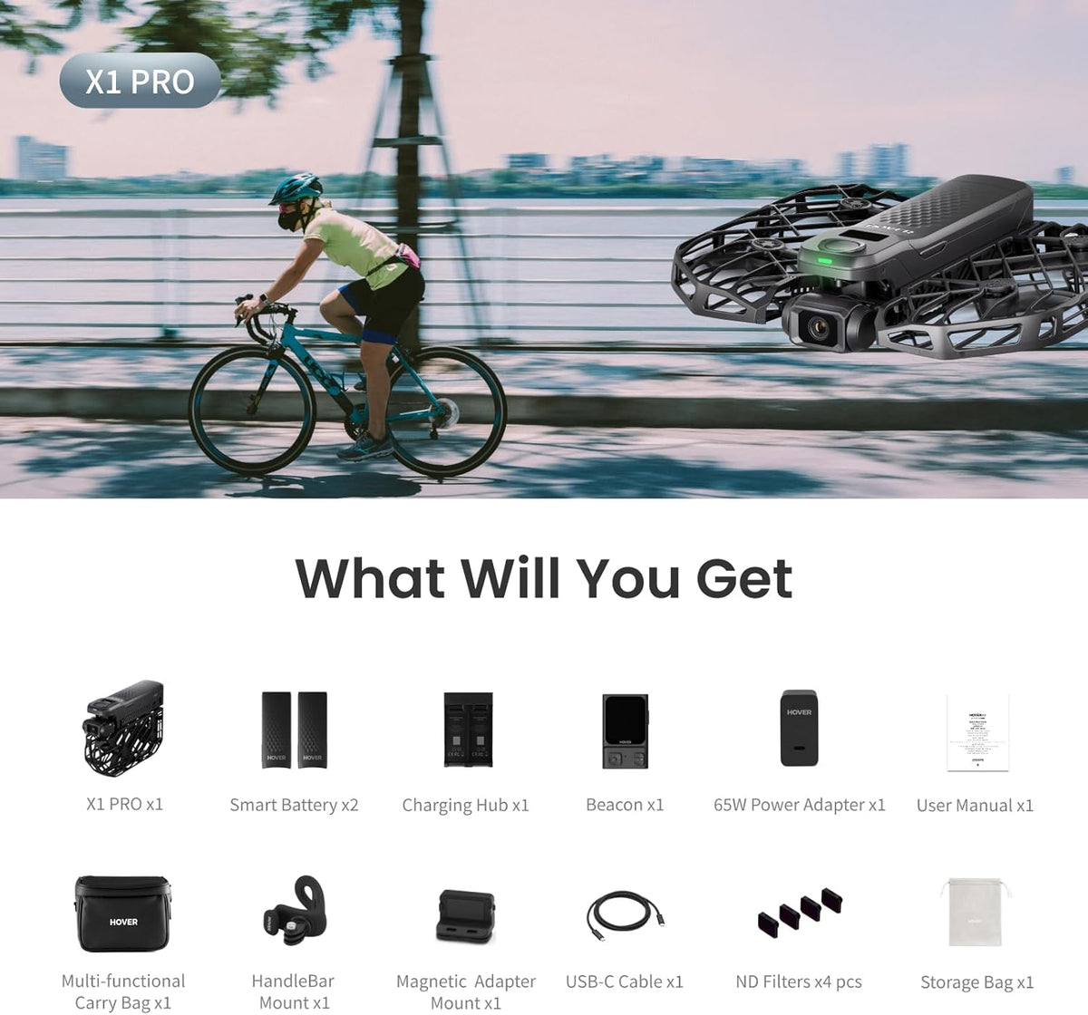 HOVERAir X1 PRO 4K Action Flying Camera, Vouwenbare drone met camera met 42 km/u volgssnelheid, 10+ volledige automatische vluchtmodi, Vlieg overal met OmniTerrain, SmoothCapture 2.0 (Fietscombo)