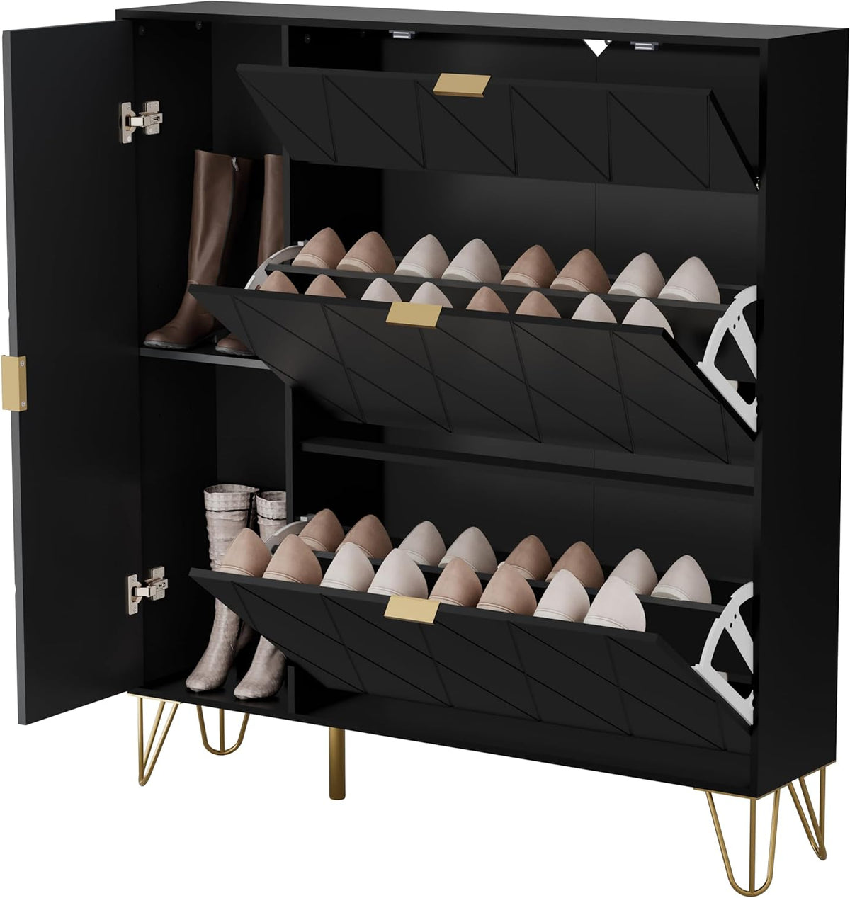 Schoenenkast – Schoenenrek – Schoenendisplay – Schoenopberger – Schoenenkast Zwart – Ruime Opbergruimte voor 16 Paar Schoenen – Scandinavisch Design met Zijvak voor Laarzen