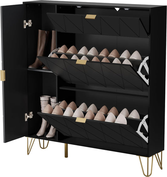 Schoenenkast – Schoenenrek – Schoenendisplay – Schoenopberger – Schoenenkast Zwart – Ruime Opbergruimte voor 16 Paar Schoenen – Scandinavisch Design met Zijvak voor Laarzen
