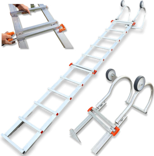 Dakladder, lengte 4,65 m, eenvoudig te installeren, 2 verlengingen van 2,00 m + 1 haak van 0,65 m, met wielen 120 mm, volledig van aluminium, zeer licht, 12 kg, belastbaarheid tot 150 kg