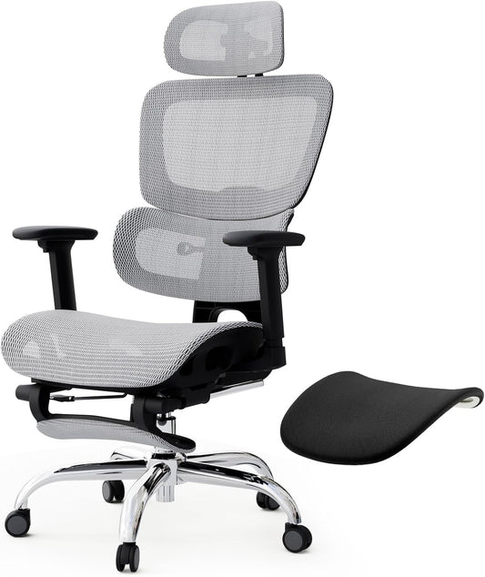 Ergonomische Bureaustoel – Bureaustoel Kantoorstoel Werkstoel Stoel Meshstoel – Volledig Mesh Design – Afneembaar Zitkussen – Uittrekbare Voetensteun – 3D Verstelbare Armleuningen – Zelfaanpassende Lendensteun – 360° Draaibaar – Lichtgrijs