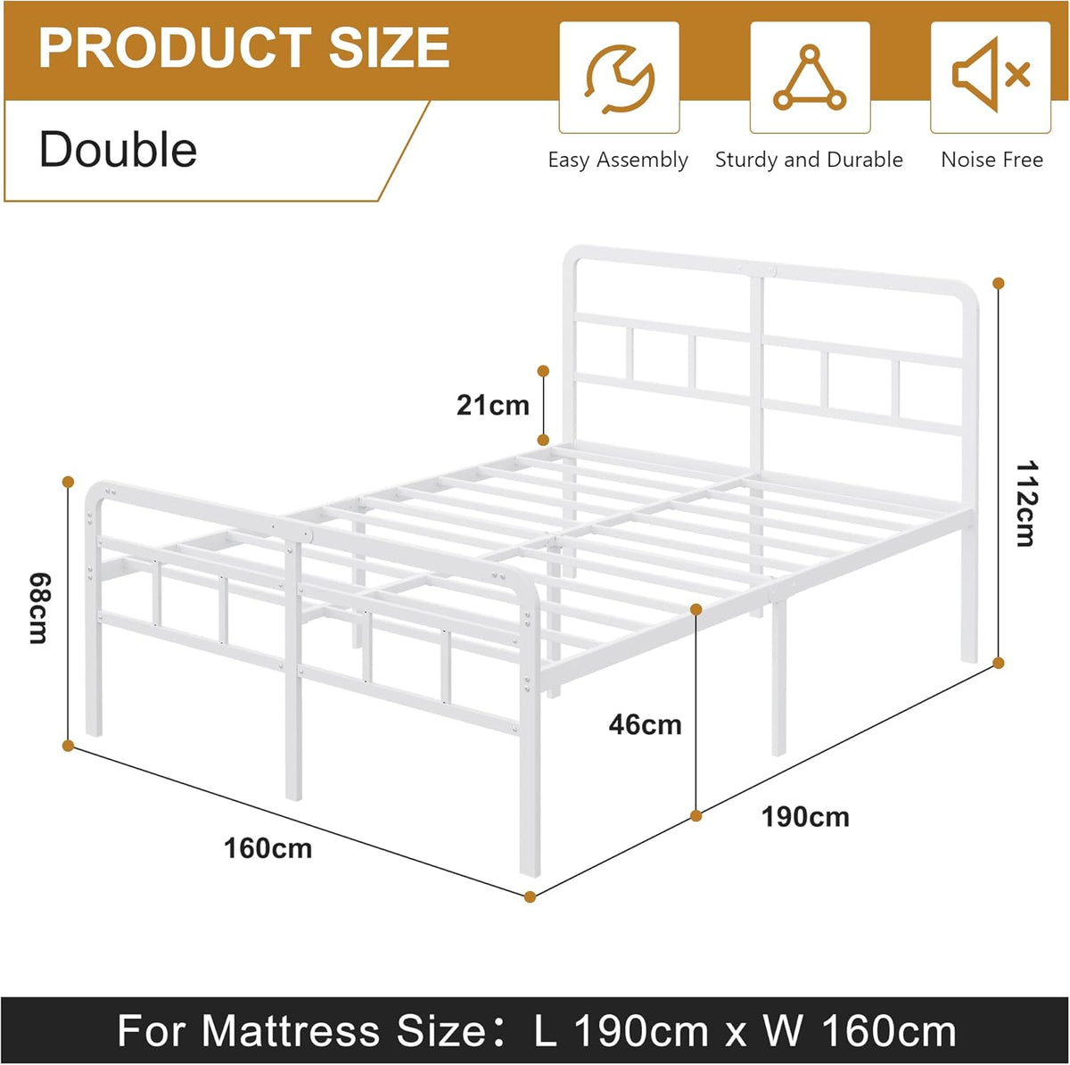 Bedframe 160 x 190 met Hoofdbord en Voeteneind, 46 cm Hoogte Metaal Tweepersoonsbed met Zware Metalen Lattenbodem, Minimalistisch Ontwerp, Eenvoudig te Monteren, Geluidsarm, Wit