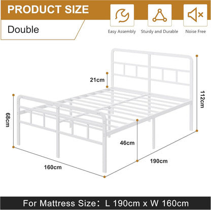 Bedframe 160 x 190 met Hoofdbord en Voeteneind, 46 cm Hoogte Metaal Tweepersoonsbed met Zware Metalen Lattenbodem, Minimalistisch Ontwerp, Eenvoudig te Monteren, Geluidsarm, Wit