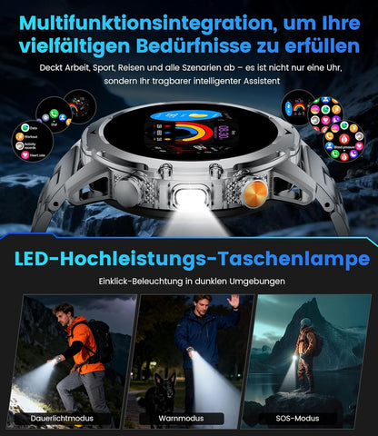Smartwatch voor heren met 1000 mAh batterij voor Android iOS, 1,53 inch HD groot touchscreen, militaire smartwatch met 24 uur hartslag/110 sportmodi, IP68 waterdichte zaklamp, fitnesshorloge, 3