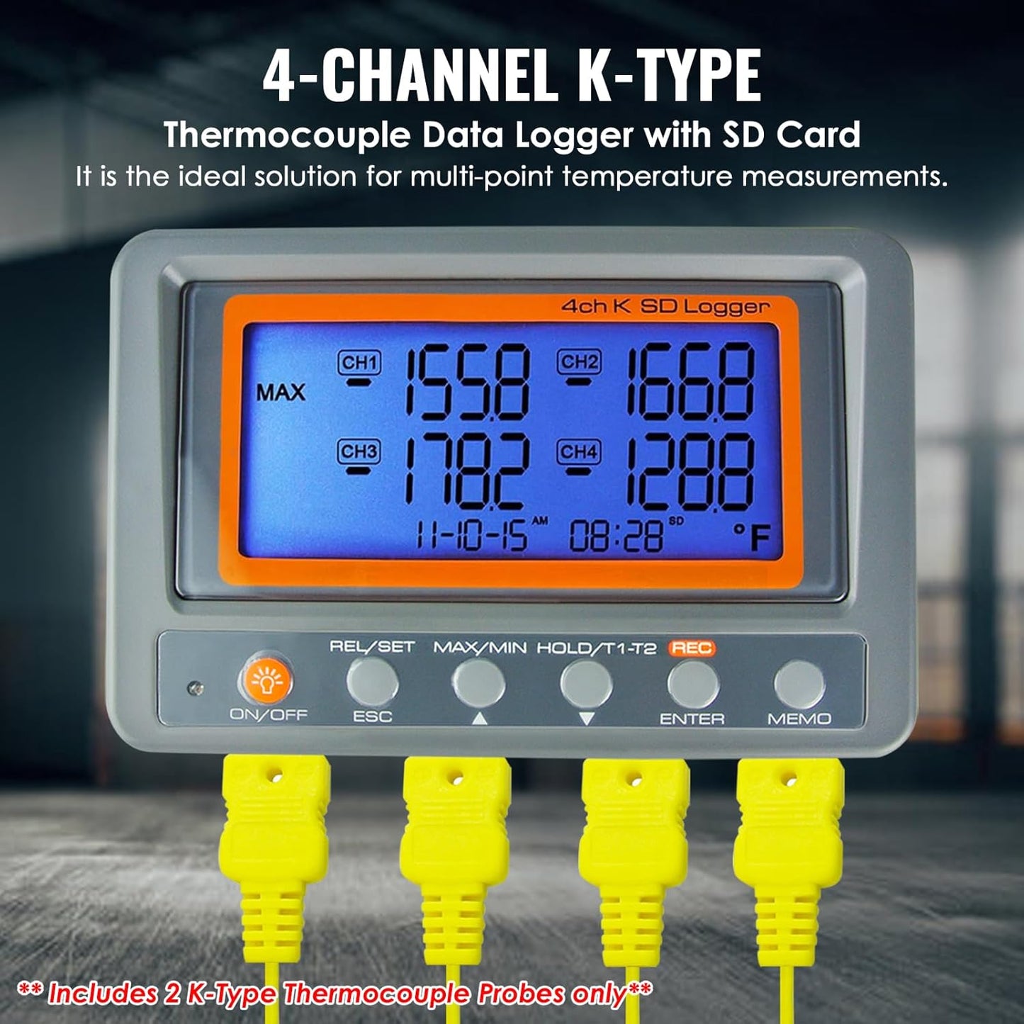 4 Kanaals K Type Thermometer Sd-kaart Datalogger Thermoelementtemperatuur Met Pieper En Led-alarm + 2 K Thermoelementsonde