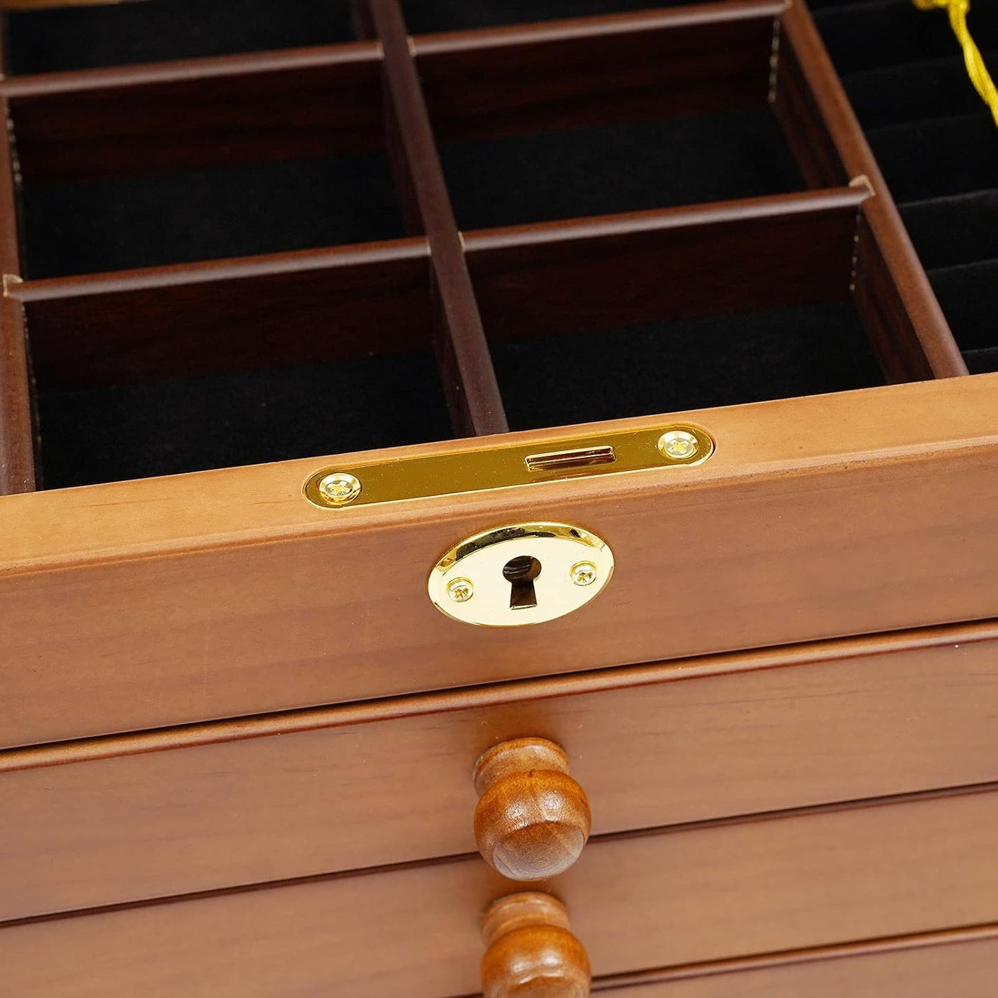 OUKANING 6 Layers Jewelry Box Wood Vintage Jewelry Box with Drawers, High Quality Hinges and Refined Handles, Freestanding Jewelry Box, Gift (Brown, With Mirror+Key Lock) - QUORE