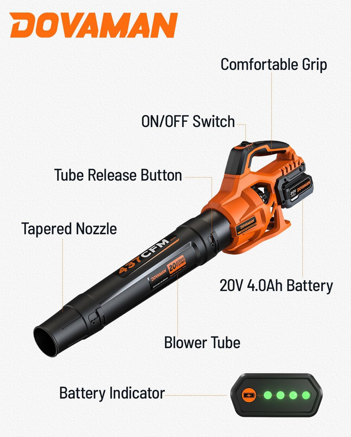 DOVAMAN LE40 Accu-bladblazer, 744 m³/h luchtvolume, lichte elektrische blazer met 20 V accu en snellader voor tuin, gazon, terras en garage