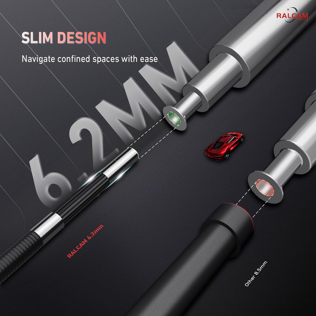 Ralcam Endoscoopcamera met licht, endoscoopcamera met 210° beweegbare kop, 6,2 mm sonde, 5 inch HD-scherm, IP67-inspectiecamera, 1,5 m elastische slangenbuis, buiscamera voor auto en huis