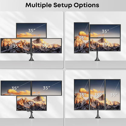 PUTORSEN monitorbeugel voor 3 monitoren voor 17-35 inch beeldschermen, monitorbeugel voor 3 monitoren in hoogte verstelbaar met 12 kg per arm, 80 cm stang, beeldschermbeugel zwenkbaar en kantelbaar