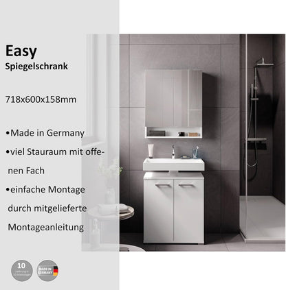 Fackelmann Easy Spiegelkast, 60 cm, tijdloos design, veel opbergruimte voor badkameraccessoires, stijlvol en ruimtebesparend, Made in Germany, wit