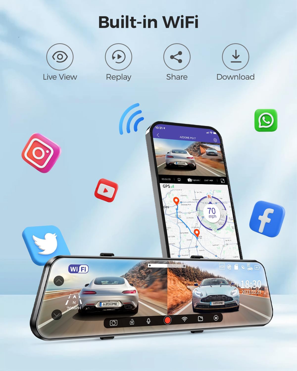 AZDOME 4K Dual Lens Spiegel Dash cam 12 ''IPS Full Touchscreen, 4K+1080P Voor en Achter 1080P IP68 Auto Camera met [Dual Cam Display] Nachtzicht WDR Parkeermodus Loop Opname G-sensor