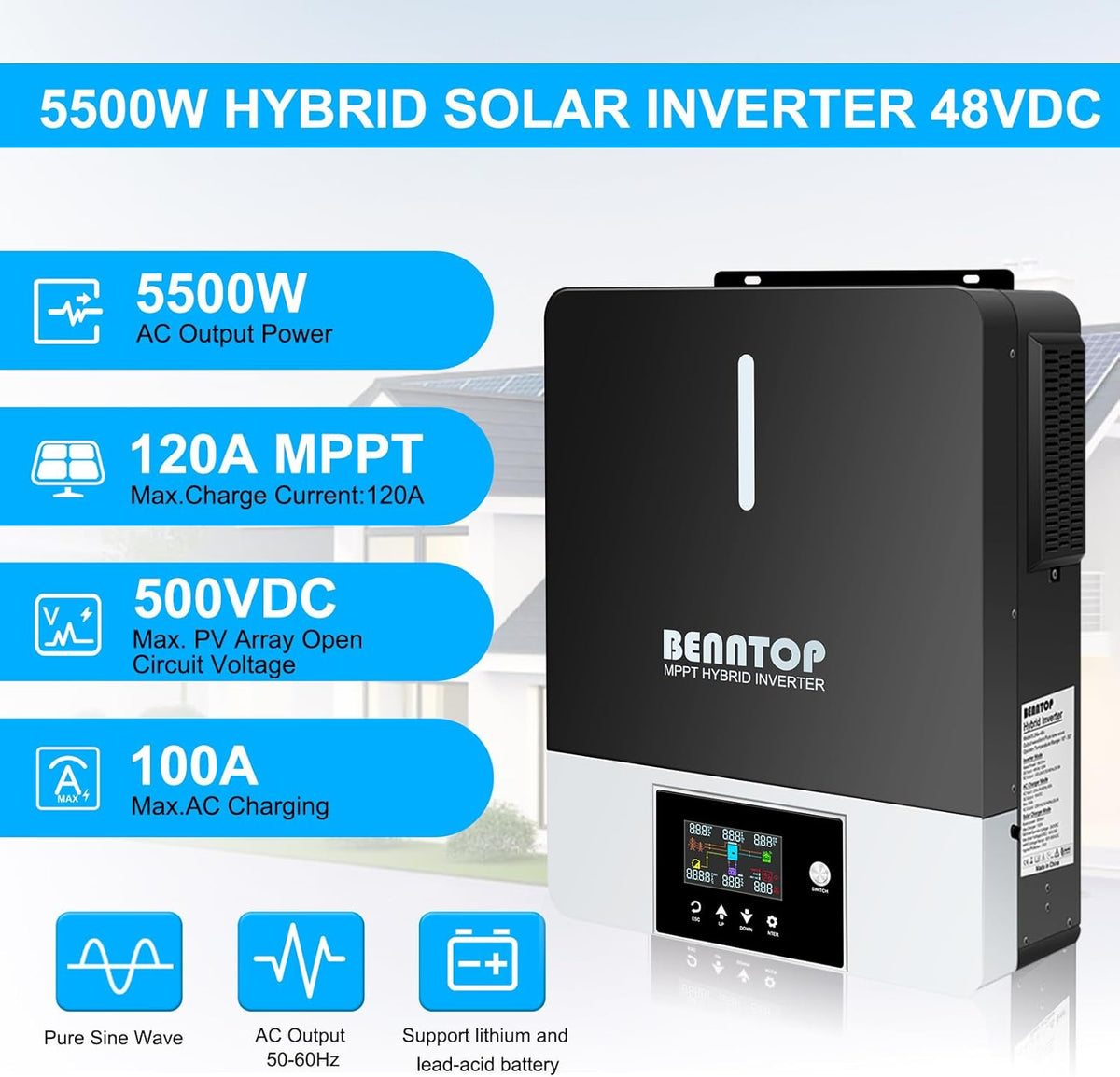 Hybride omvormer, zuivere sinus, 5500 W, 48 V DC naar 220/230 V AC zonne-omvormer, PV max.500 V, Avec Chargeur Solaire 120 A, MPPT voor netonafhankelijke loodzuur-lithiumbatterij