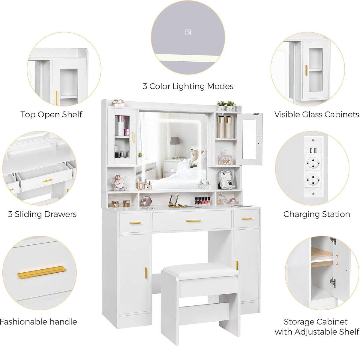 ANWBROAD Large White Dressing Table with Mirror and Lighting Modern 3 Colors Brightness Adjustable 4 Cabinets 3 Drawers 150x100x40cm BDT66W - QUORE