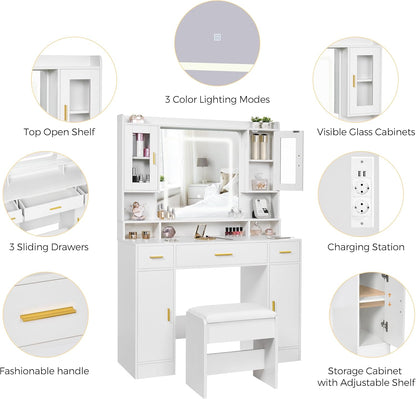 ANWBROAD Large White Dressing Table with Mirror and Lighting Modern 3 Colors Brightness Adjustable 4 Cabinets 3 Drawers 150x100x40cm BDT66W - QUORE