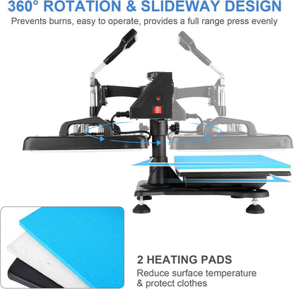 8-in-1 hittepers, 30 x 38 cm, textielsublimatiemachine, warmtepers, 360 graden draaibaar, voor doe-het-zelf t-shirts/kop/hoed/borden/pet