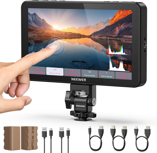 NEEWER F700 7 inch camera veld monitor, 2000nit HD 1920 x 1080 IPS touchscreen met 3D LUT, 4K HDMI Loop In/Out met Peak Focus DSLR Video Assist HDR golfvorm, Cold Shoe Mount, 2 NP-F750 batterijen en