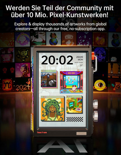Divoom Times Frame Transparante digitale fotolijst (10,1 inch) met wifi en 64 GB, IPS-display met zwevend effect en RGB-draaiknop, 400+ wijzerplaten, widgets en pixel-art community (zwart)