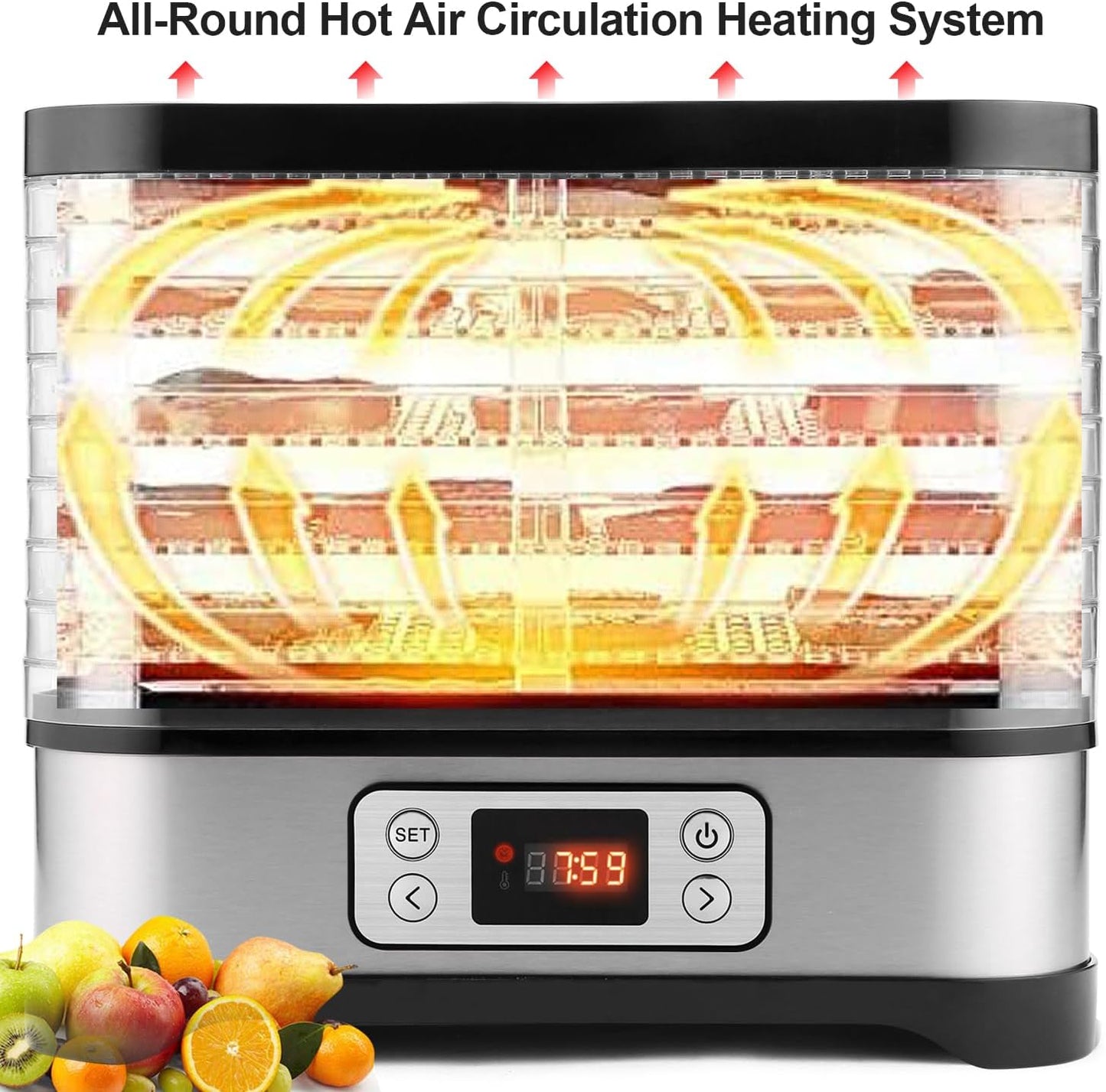 Nictemaw Fruitdroogautomaat, roestvrij staal, met 8 vakken, dehydrator met temperatuurregelaar, 400 W, 35-70 °C, 72-uurs timer voor groenten, fruit en vlees, zilver