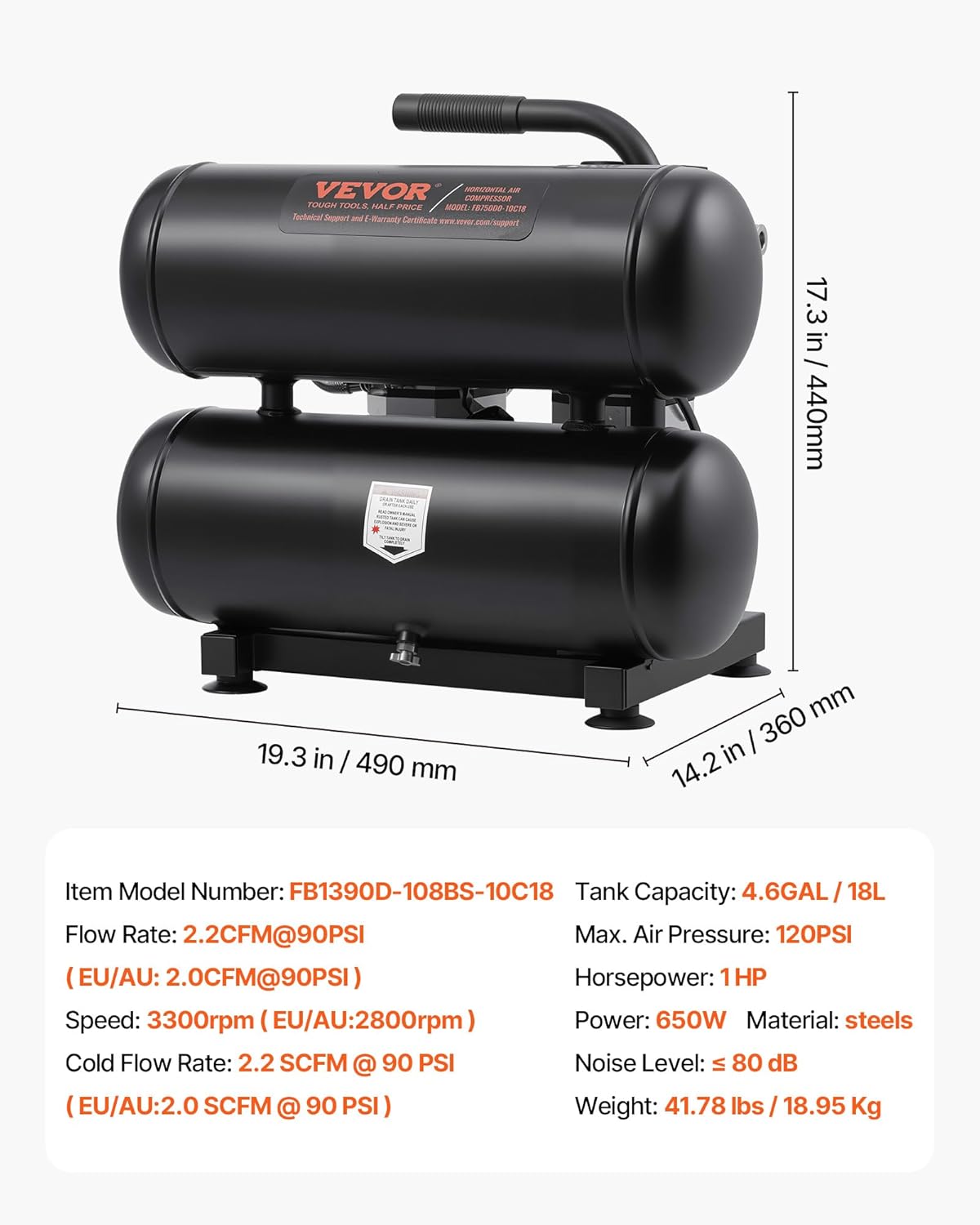 Luchtcompressor – Olievrije Compressor – Persluchtcompressor – Fluistercompressor – Bandenvuller – 18 Liter Ketel – 650 W Motor – 80 dB Geluidsarm