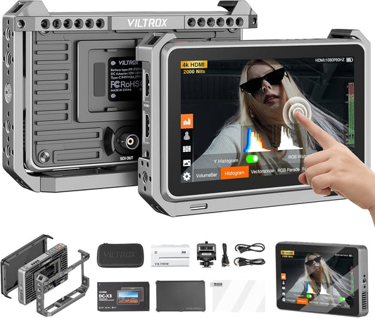 VILTROX DC-X3 Touchscreen monitor voor veldcamera, professionele monitor voor 6 inch camera, 2000 nits, 4K HDMI 1.4/3G-SDI, fotomonitor met zonneklep, batterij, motorkap, USB A, 3D, lut