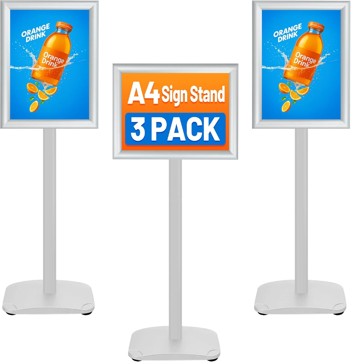 Schildstandaard Display – Posterstandaard – Infostandaard – Menustandaard – Bordstandaard – Zilver, Set van 3 – DIN A4 – 360° Draaibaar en 180° Kantelbaar – Zware Metalen Voet van 2,6 kg