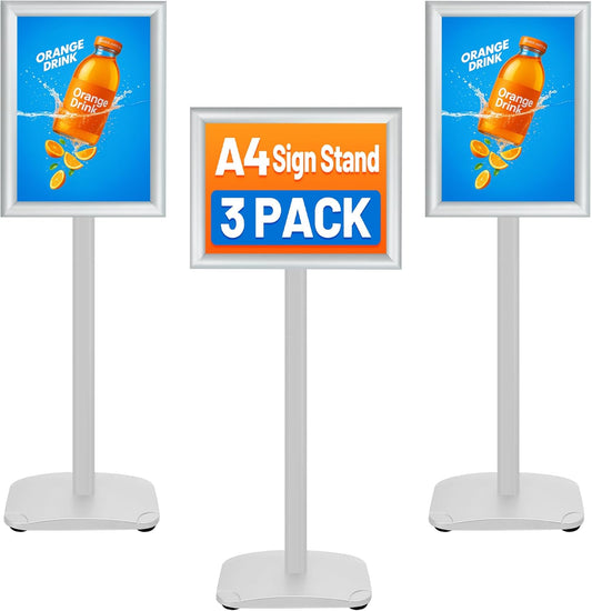 Schildstandaard Display – Posterstandaard – Infostandaard – Menustandaard – Bordstandaard – Zilver, Set van 3 – DIN A4 – 360° Draaibaar en 180° Kantelbaar – Zware Metalen Voet van 2,6 kg