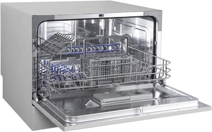 COMFEE' Compacte tafel-vaatwasser TD602E-S mini-vaatwasser met 6 couverts, 6 programma's, led-display, tijdvertraging en wasfunctie in niet-piekuren - zilver