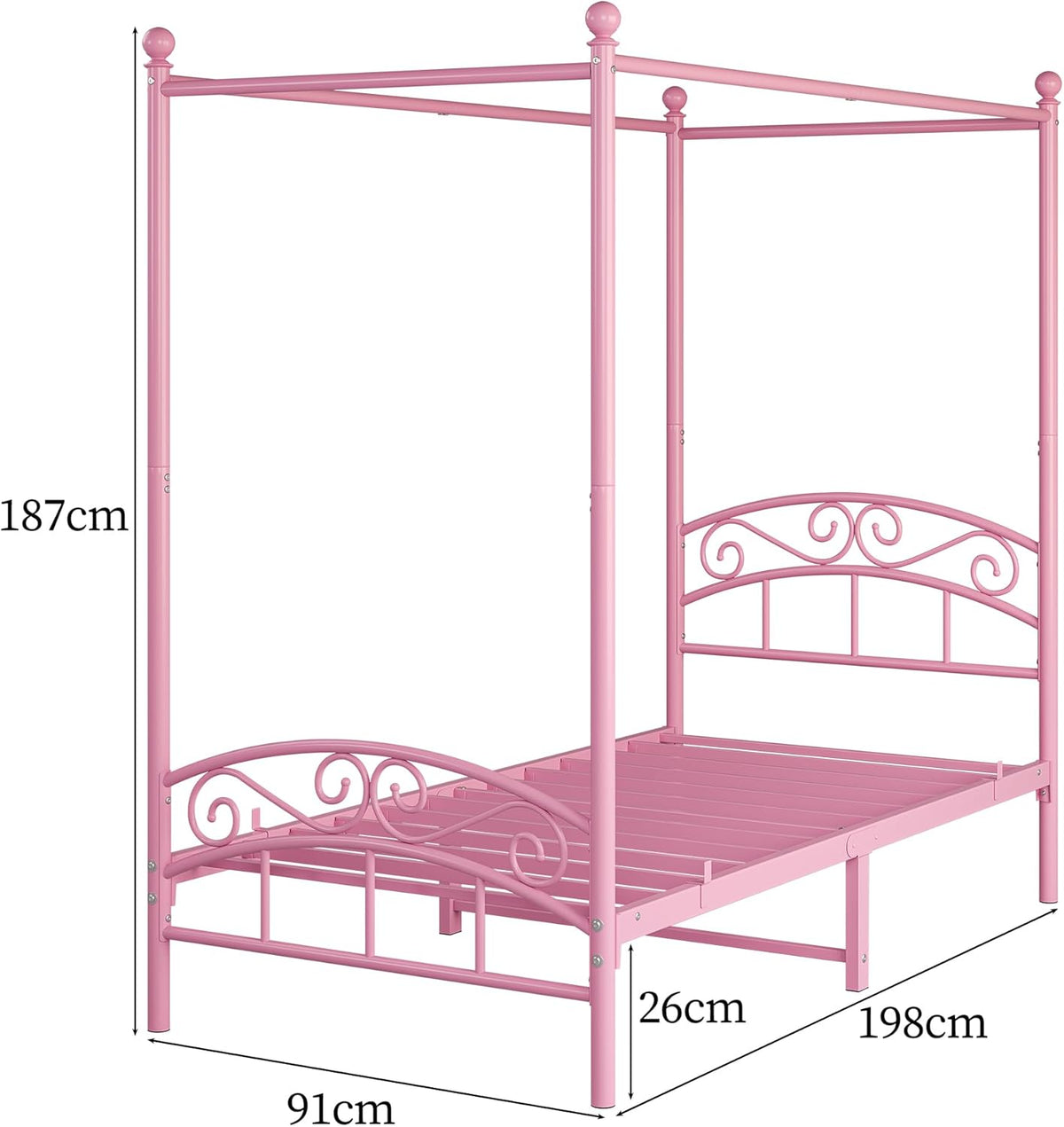 JURMERRY 90 cm eenpersoons hemelbedframe met sierlijk hoofdeinde en voetenplank in Europese stijl, stevig staal, perfect, eenvoudige doe-het-zelf montage, alle onderdelen inbegrepen, roze, 90 x 190 cm