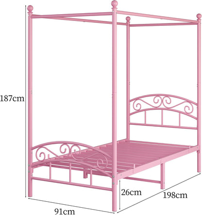 JURMERRY 90 cm eenpersoons hemelbedframe met sierlijk hoofdeinde en voetenplank in Europese stijl, stevig staal, perfect, eenvoudige doe-het-zelf montage, alle onderdelen inbegrepen, roze, 90 x 190 cm