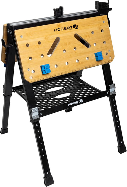 HÖGERT TECHNIK Opvouwbare werkplaatstafel 700 x 650 x 915 mm met bamboeplaat, 5-voudig in hoogte verstelbaar, 450 kg draagkracht, boringen, verbindingsstukken en spanklemmen