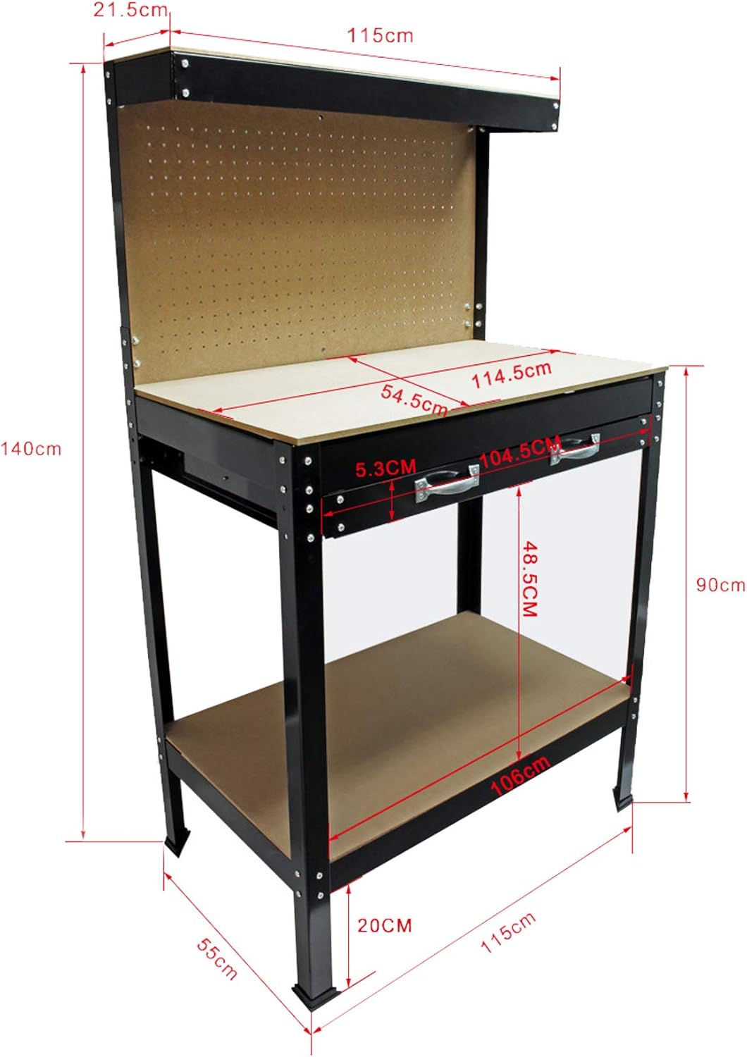 Werkbank 1150x550x1400 mm met gatenwand en ophanghaken, groot MDF-werkblad en stalen frame