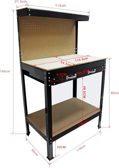Werkbank 1150x550x1400 mm met gatenwand en ophanghaken, groot MDF-werkblad en stalen frame