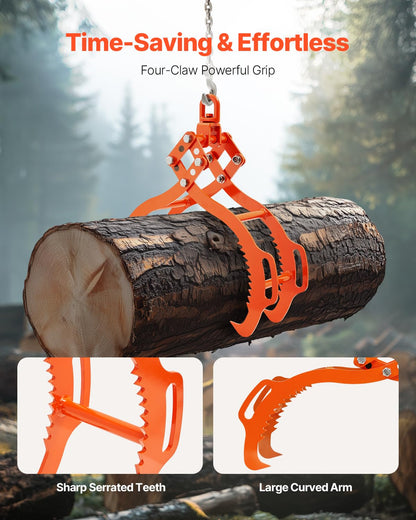 VEVOR Stone Lifting Pliers 812 mm with 4 Claws, Pliers for Logs, Rotatable, Steel, Lifting Capacity 1000 kg, Serrated Claw Design, Tractor Pliers, Carriage