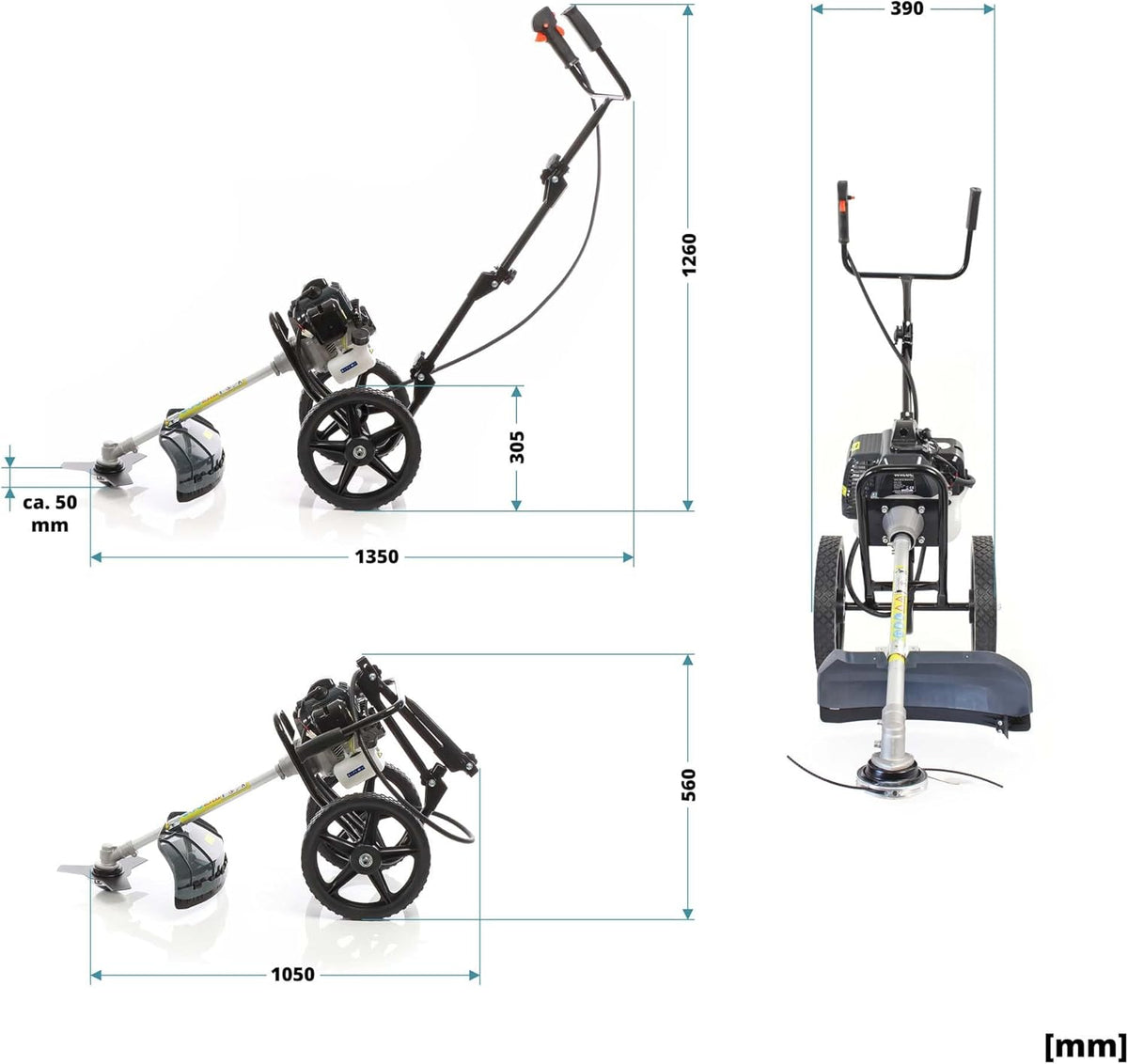 Wiltec benzine bosmaaier op wielen grastrimmer 1,9 kW 2-in-1 multitool gazon gras bos tuinmaaier